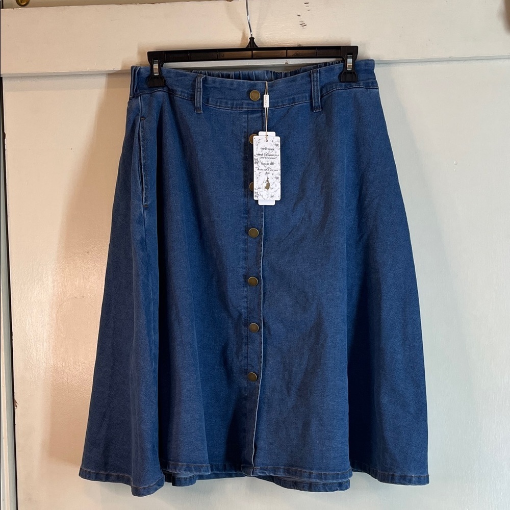 Belle Poque NWT Classic Blue Full A-Line Denim Skirt with pockets SZ L